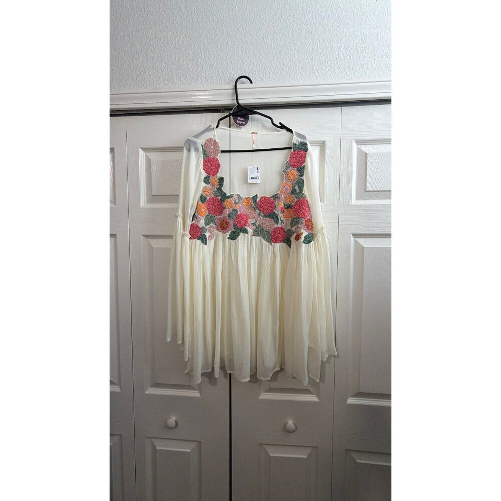 Free People Embroidered Sheer Cream Babydoll Style Top - Picture 3 of 5
